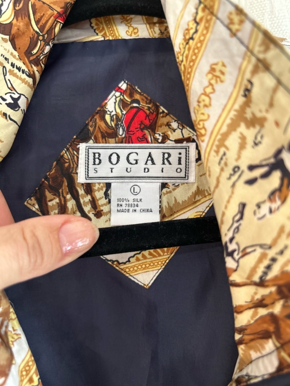 Vintage Bogari Studio 100% Silk Equestrian Fox Hunt Bomber Jacket -Funnel Neck - Picture 6 of 9